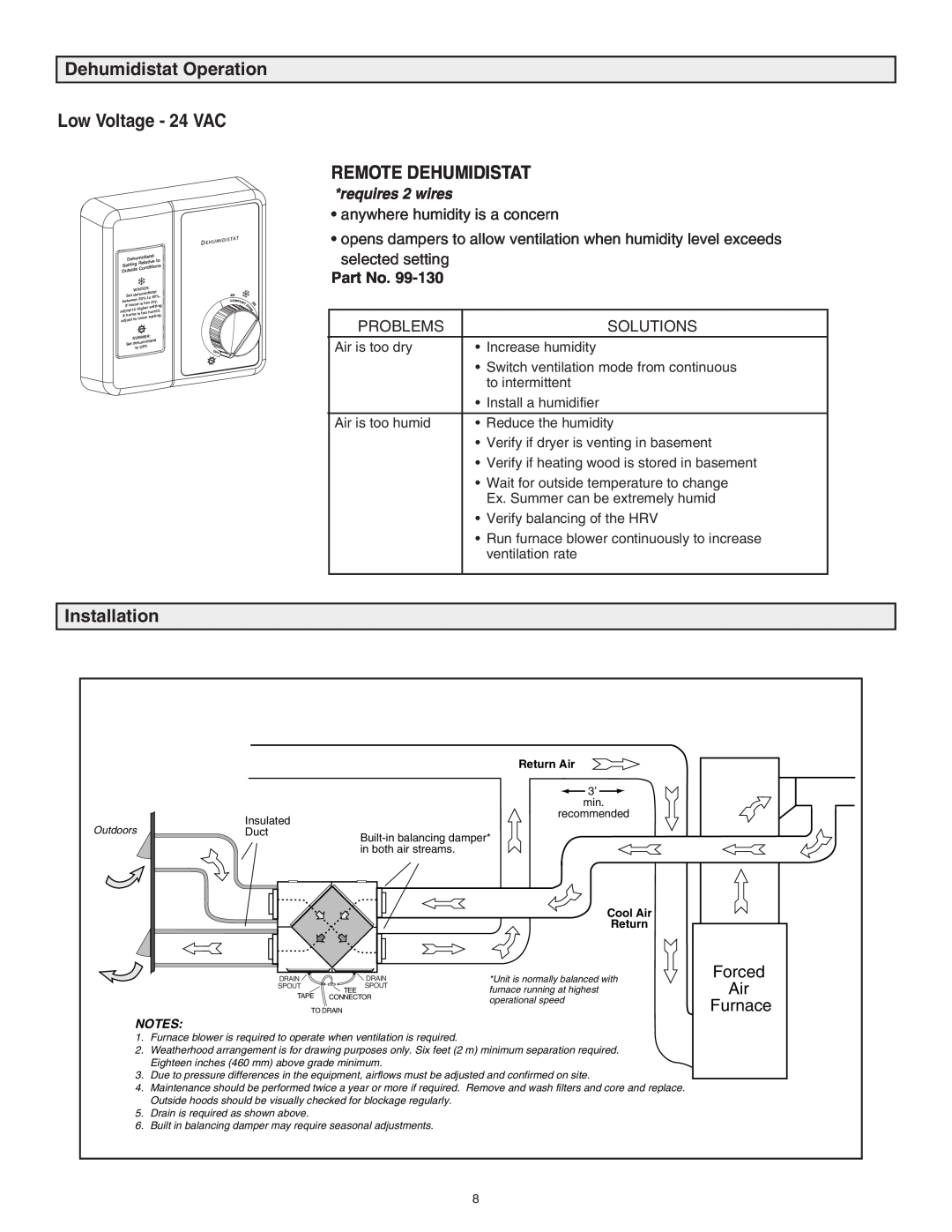 Lifebreath 94-EXCHANGER Low Voltage - 24 VAC, Remote Dehumidistat, Dehumidistat Operation, requires 2 wires, Installation 