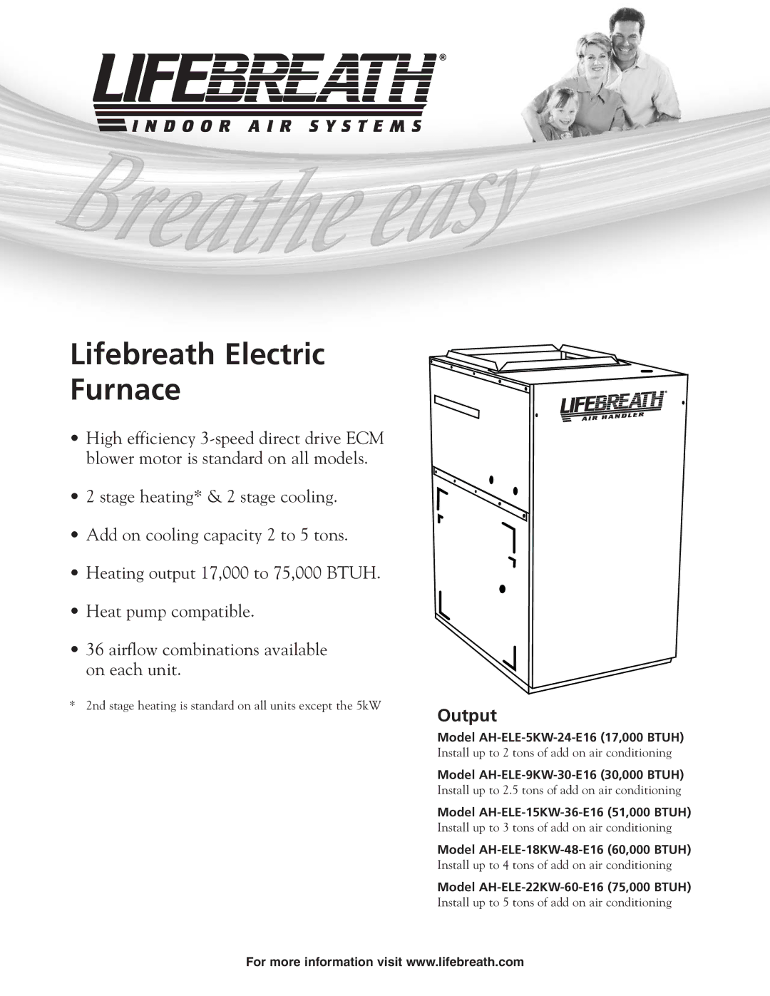 Lifebreath AH-ELE-15KW-36-E16, AH-ELE-5KW-24-E16, AH-ELE-9KW-30-E16 manual Lifebreath Electric Furnace, Output 