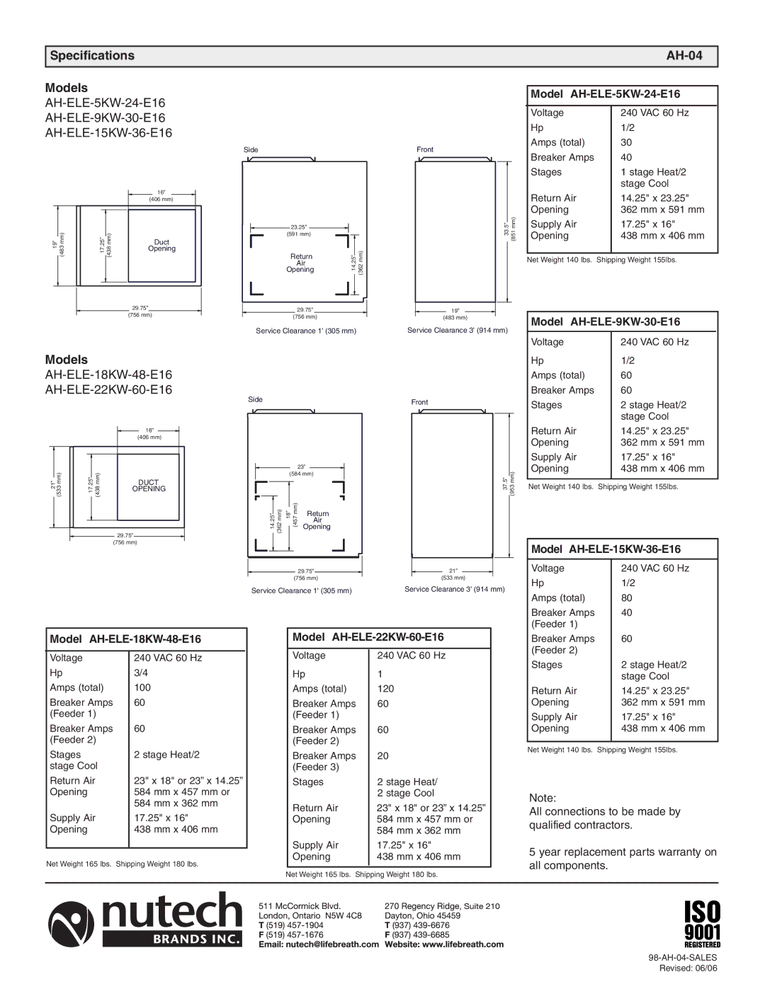 Lifebreath AH-ELE-18KW-48-E16 manual Specifications AH-04 Models, AH-ELE-5KW-24-E16 AH-ELE-9KW-30-E16 AH-ELE-15KW-36-E16 