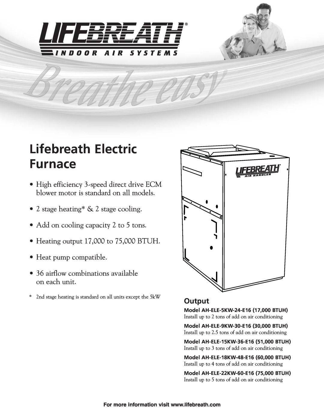 Lifebreath AH-ELE-15KW-36-E16, AH-ELE-5KW-24-E16, AH-ELE-9KW-30-E16 manual Lifebreath Electric Furnace, Output 