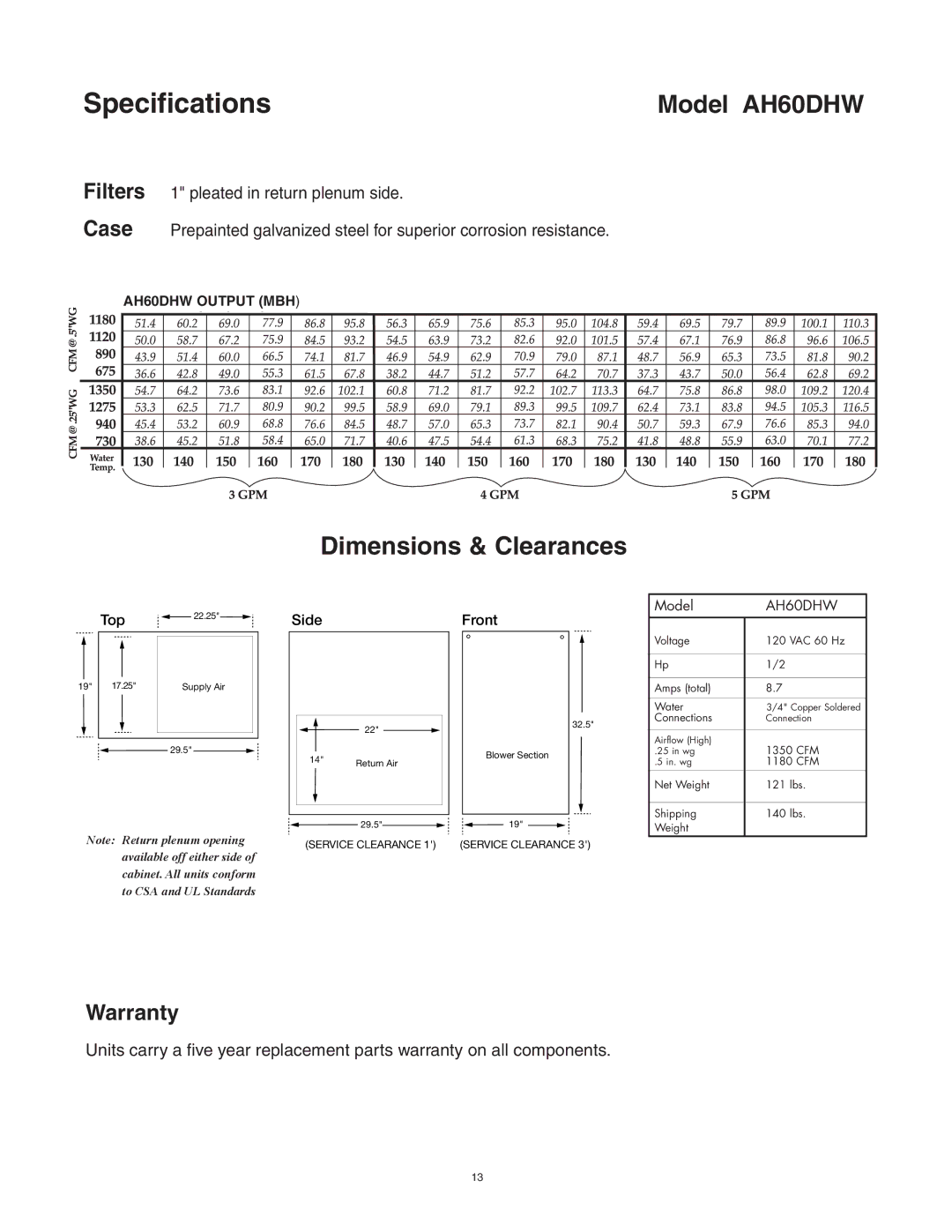 Lifebreath AH80BHW, AH40DHW, AH40BHW, AH60BHW installation manual Model AH60DHW 