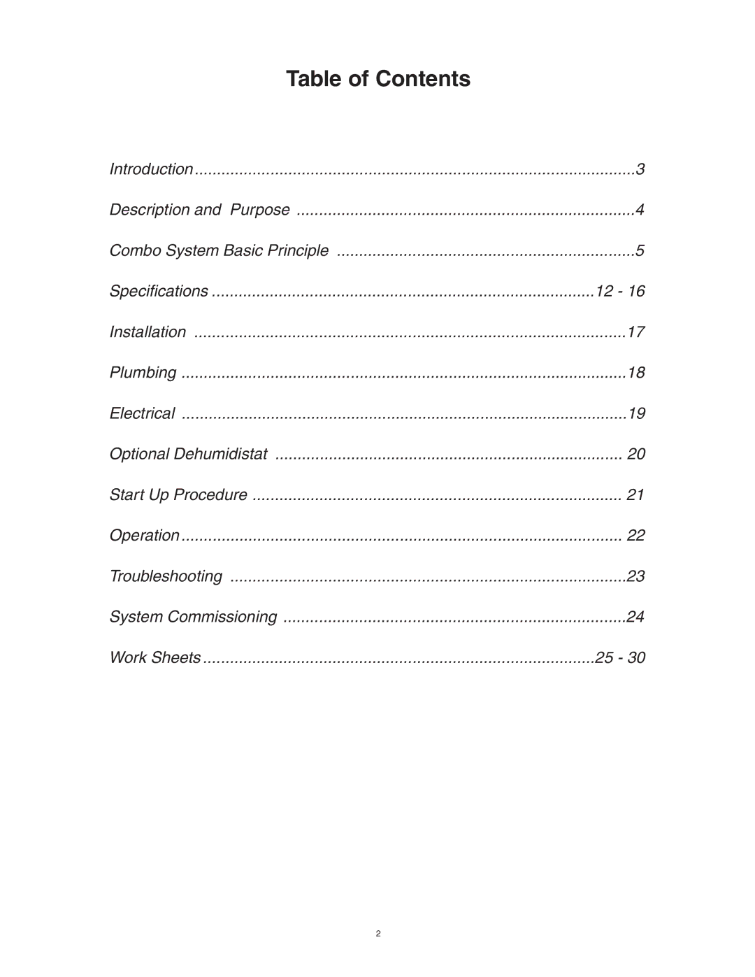 Lifebreath AH40BHW, AH40DHW, AH60DHW, AH80BHW, AH60BHW installation manual Table of Contents 