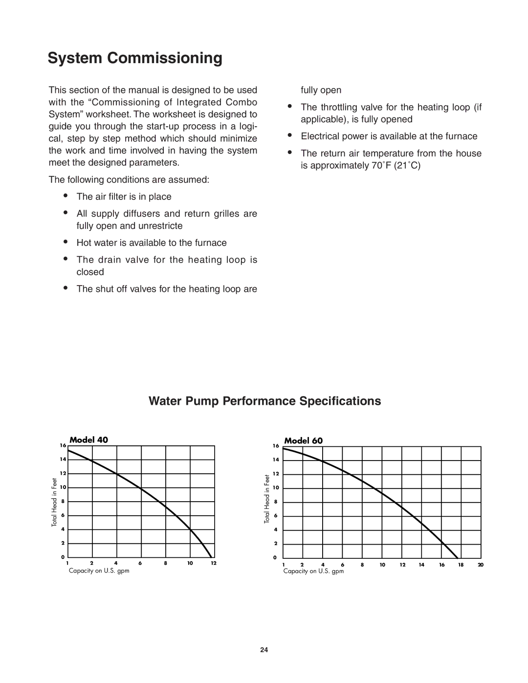 Lifebreath AH60BHW, AH40DHW, AH60DHW, AH40BHW, AH80BHW System Commissioning, Water Pump Performance Specifications 