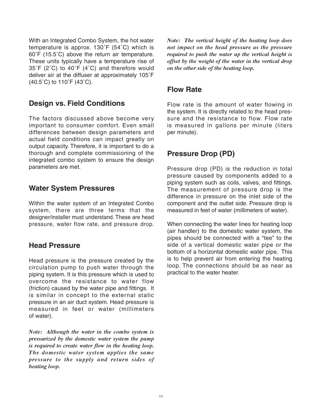 Lifebreath AH60DHW Design vs. Field Conditions, Water System Pressures, Head Pressure, Flow Rate, Pressure Drop PD 