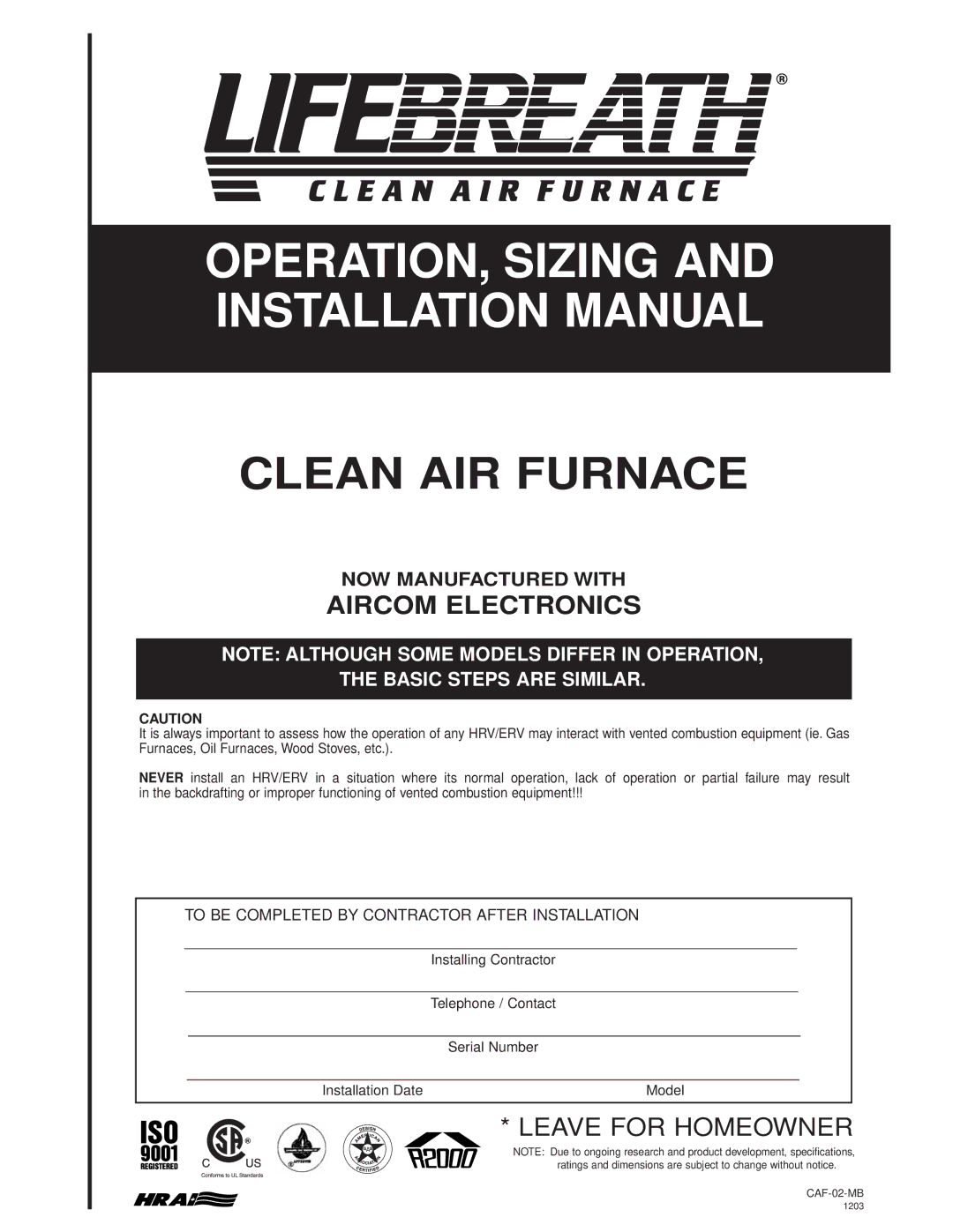 Lifebreath CAF-02-MB installation manual OPERATION, Sizing and Installation Manual 