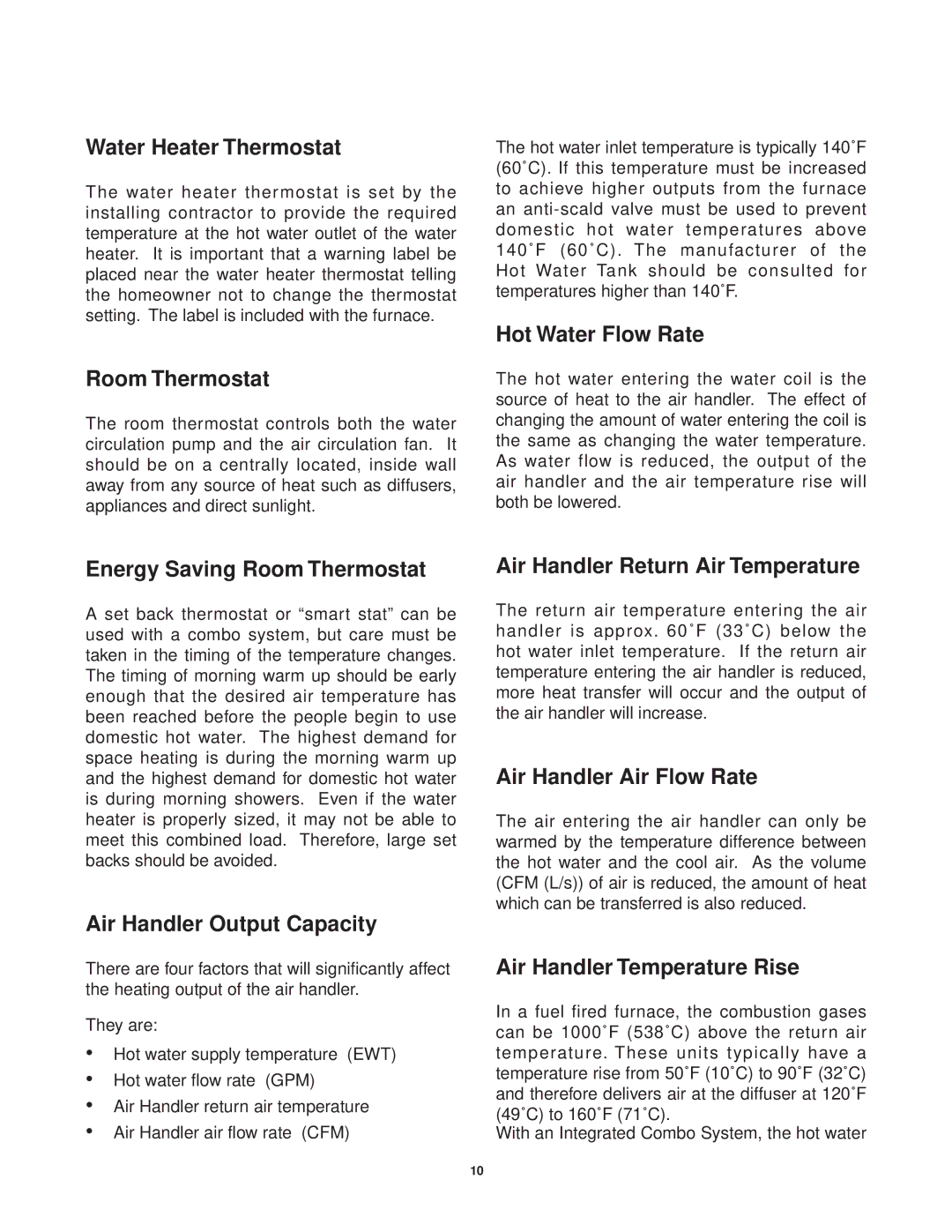 Lifebreath CAF-02-MB installation manual Water Heater Thermostat, Hot Water Flow Rate, Energy Saving Room Thermostat 