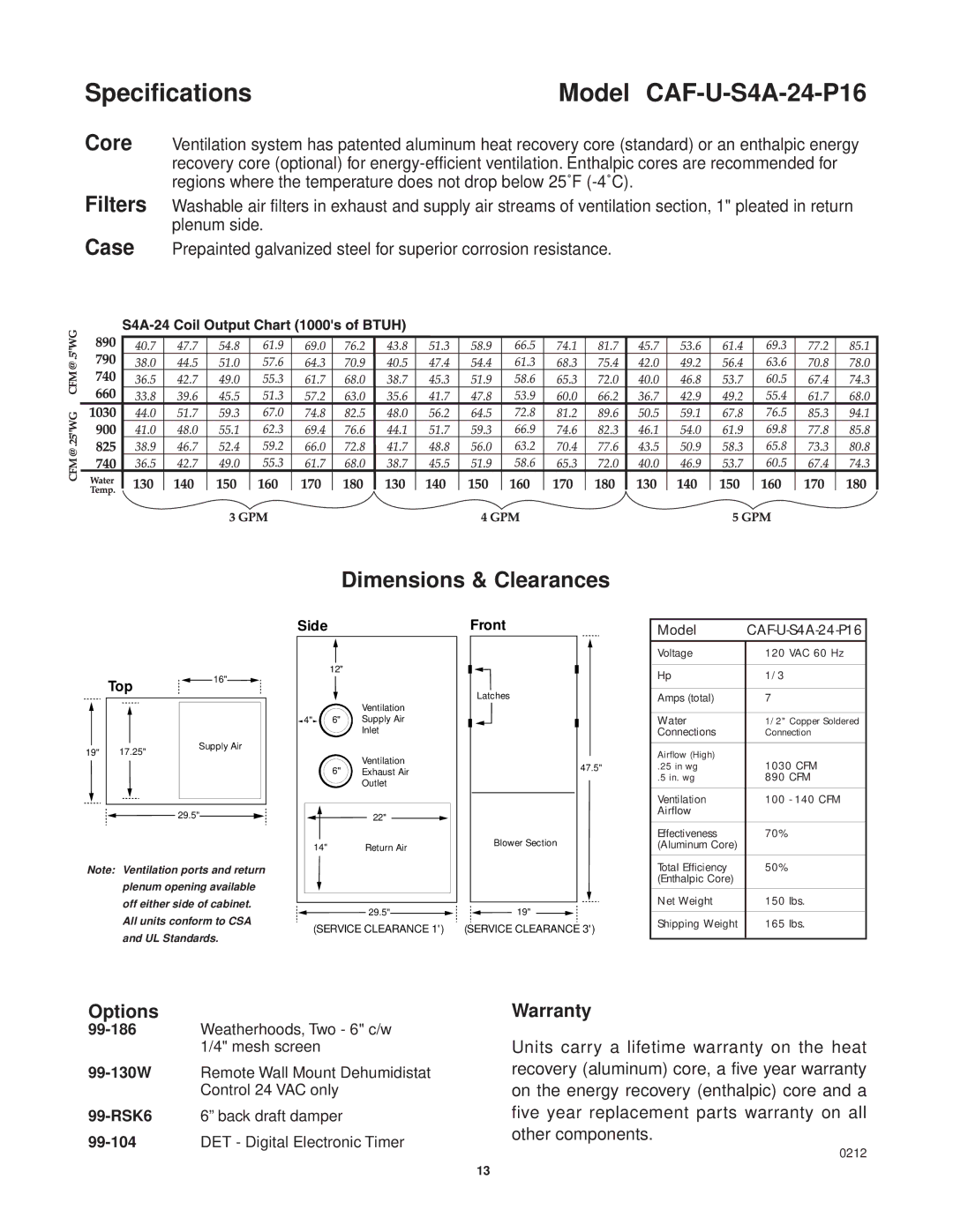 Lifebreath CAF-02-MB Specifications Model CAF-U-S4A-24-P16, Core Filters Case, Dimensions & Clearances, Options, Warranty 