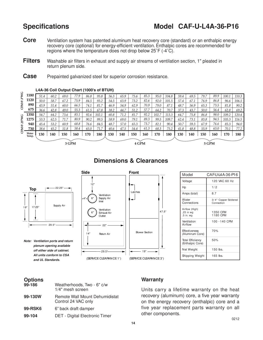 Lifebreath CAF-02-MB installation manual Specifications Model CAF-U-L4A-36-P16 