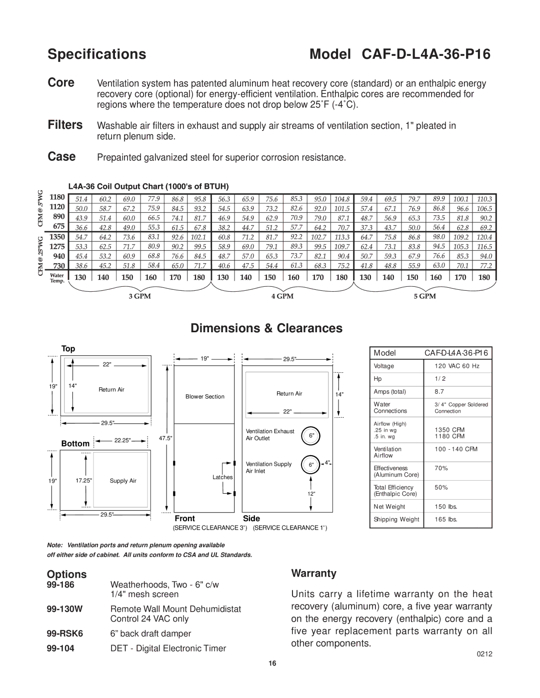 Lifebreath CAF-02-MB installation manual Specifications Model CAF-D-L4A-36-P16 