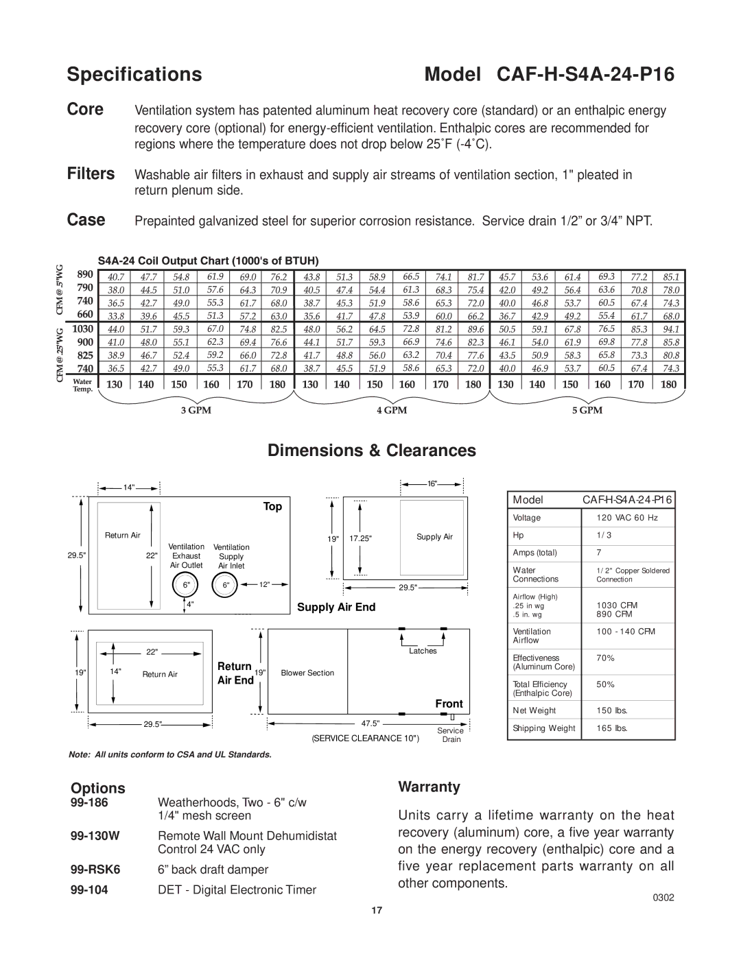 Lifebreath CAF-02-MB installation manual Specifications Model CAF-H-S4A-24-P16, 0302 