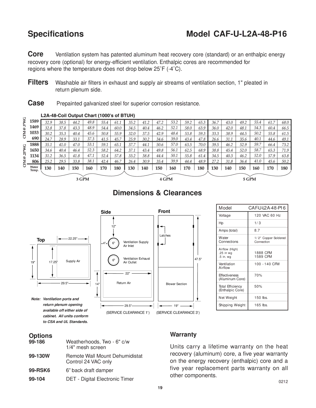 Lifebreath CAF-02-MB installation manual Specifications Model CAF-U-L2A-48-P16 