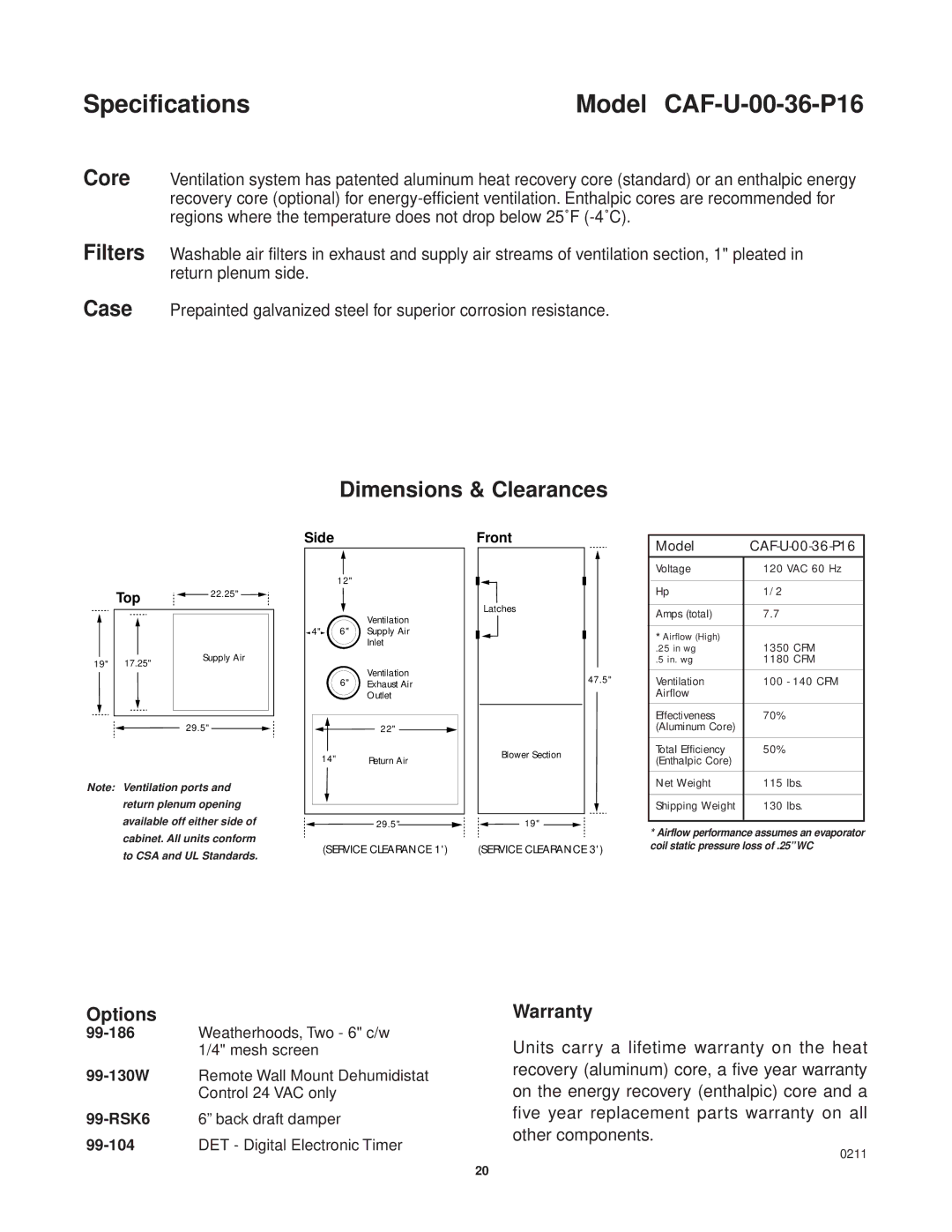 Lifebreath CAF-02-MB installation manual Specifications Model CAF-U-00-36-P16, 0211 