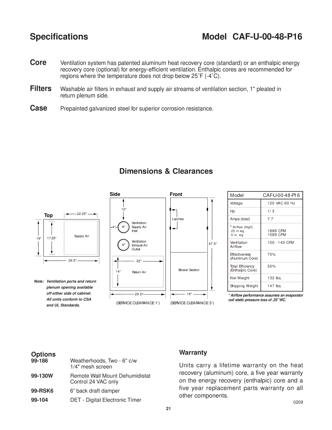 Lifebreath CAF-02-MB installation manual Specifications Model CAF-U-00-48-P16, 0209 