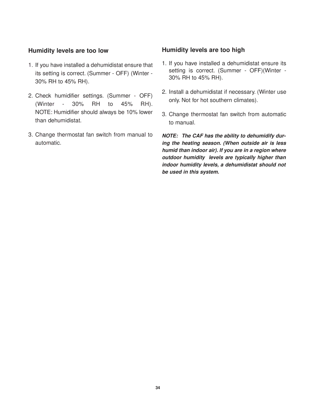 Lifebreath CAF-02-MB installation manual Humidity levels are too low, Humidity levels are too high 