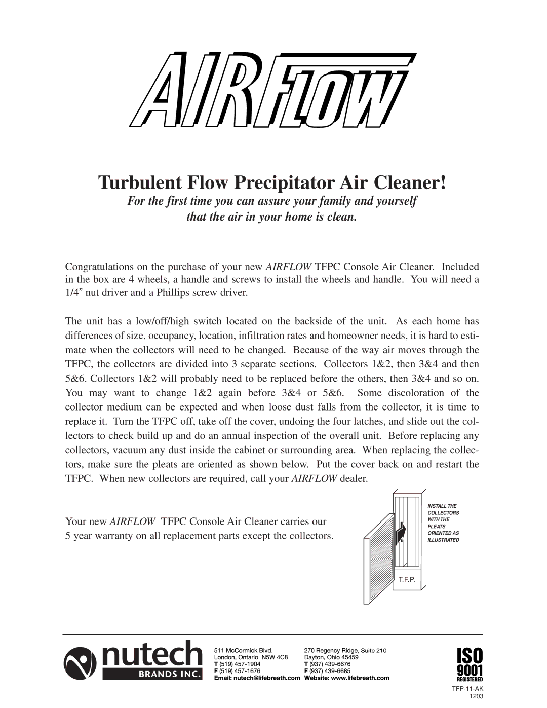 Lifebreath Console Air Cleaner warranty Turbulent Flow Precipitator Air Cleaner 