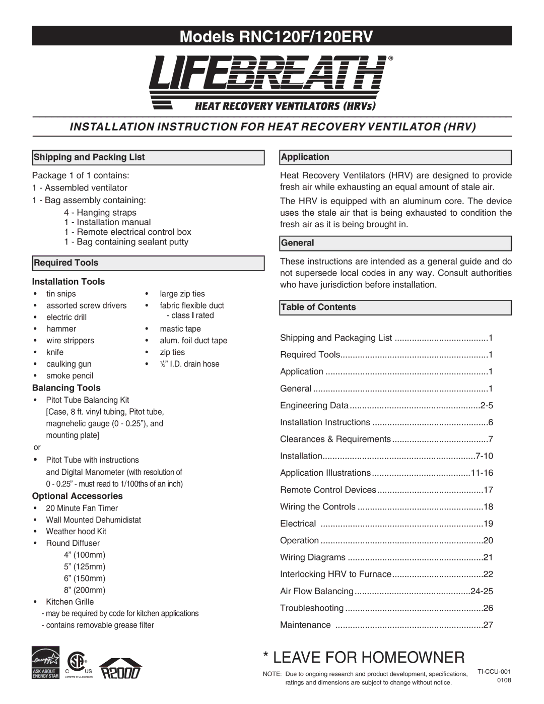 Lifebreath 120ERV installation manual Shipping and Packing List, Required Tools Installation Tools, Balancing Tools 