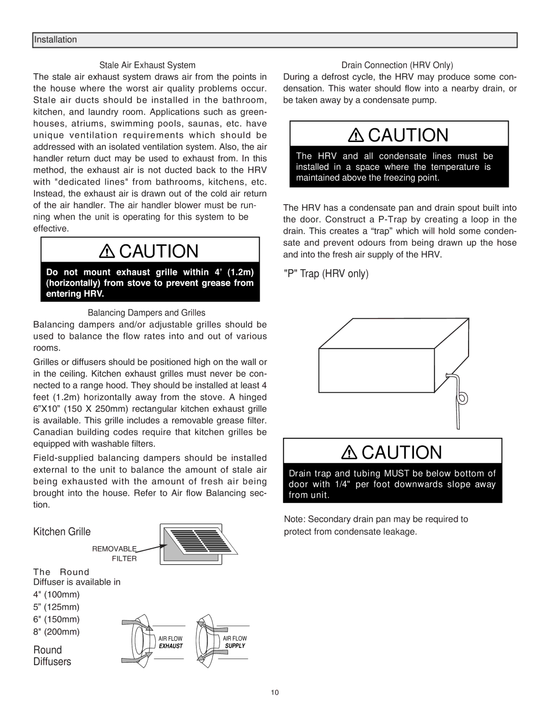 Lifebreath RNC120F, 120ERV installation manual Installation Stale Air Exhaust System, Drain Connection HRV Only 