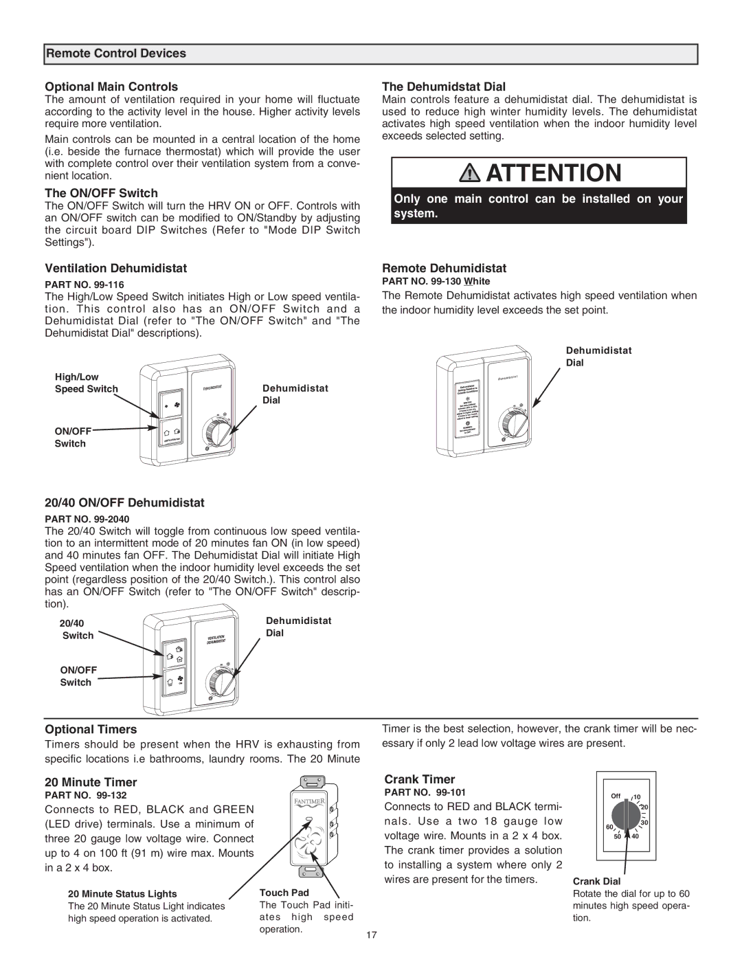 Lifebreath 120ERV Remote Control Devices Optional Main Controls, ON/OFF Switch, Dehumidstat Dial, Ventilation Dehumidistat 