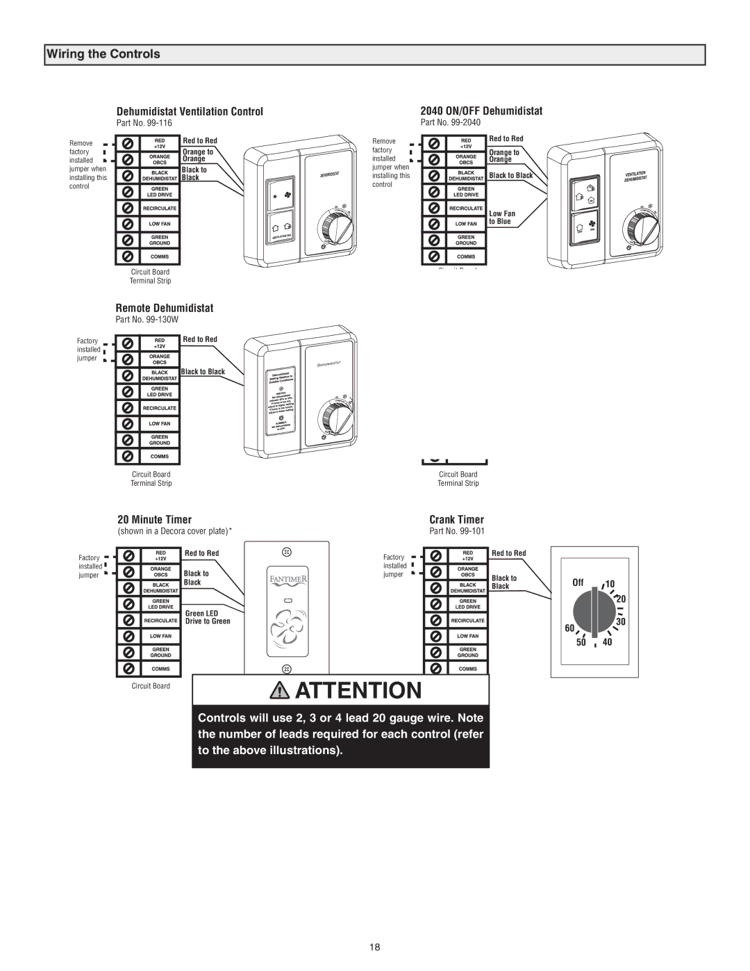 Lifebreath RNC120F Wiring the Controls, Dehumidistat Ventilation Control 2040 ON/OFF Dehumidistat, Recirculation Control 