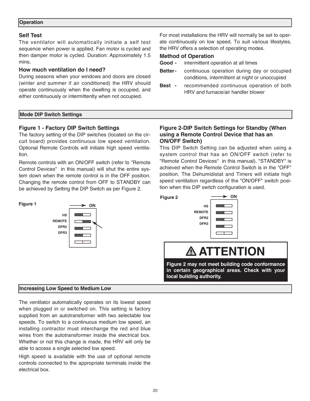 Lifebreath RNC120F, 120ERV installation manual Operation, Mode DIP Switch Settings, Increasing Low Speed to Medium Low 