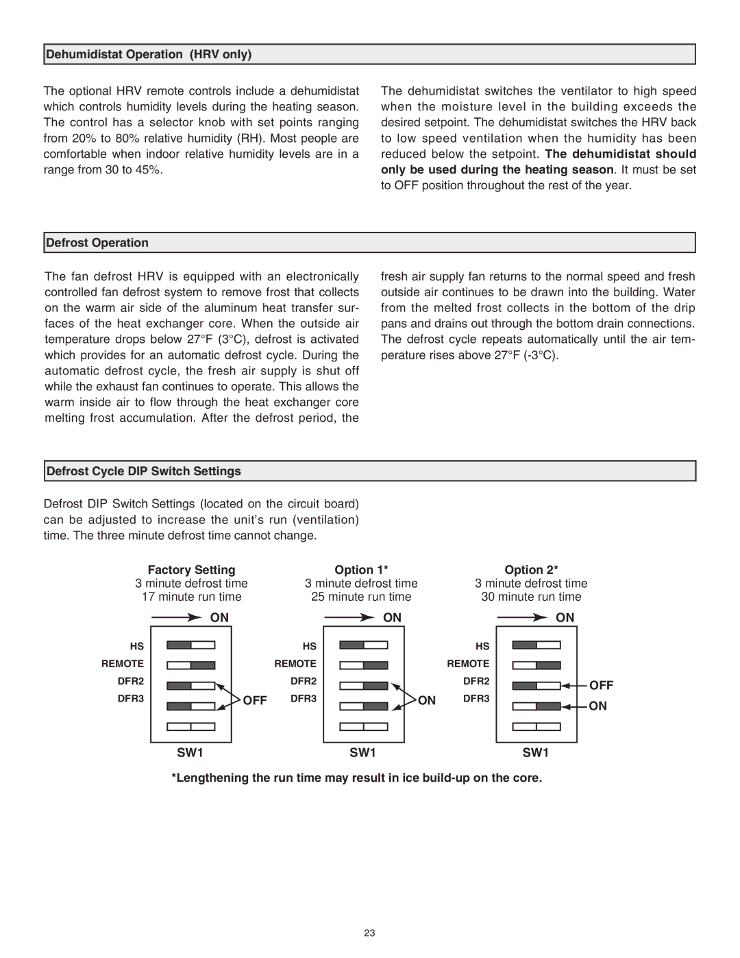 Lifebreath 120ERV, RNC120F Dehumidistat Operation HRV only, Defrost Operation, Defrost Cycle DIP Switch Settings 