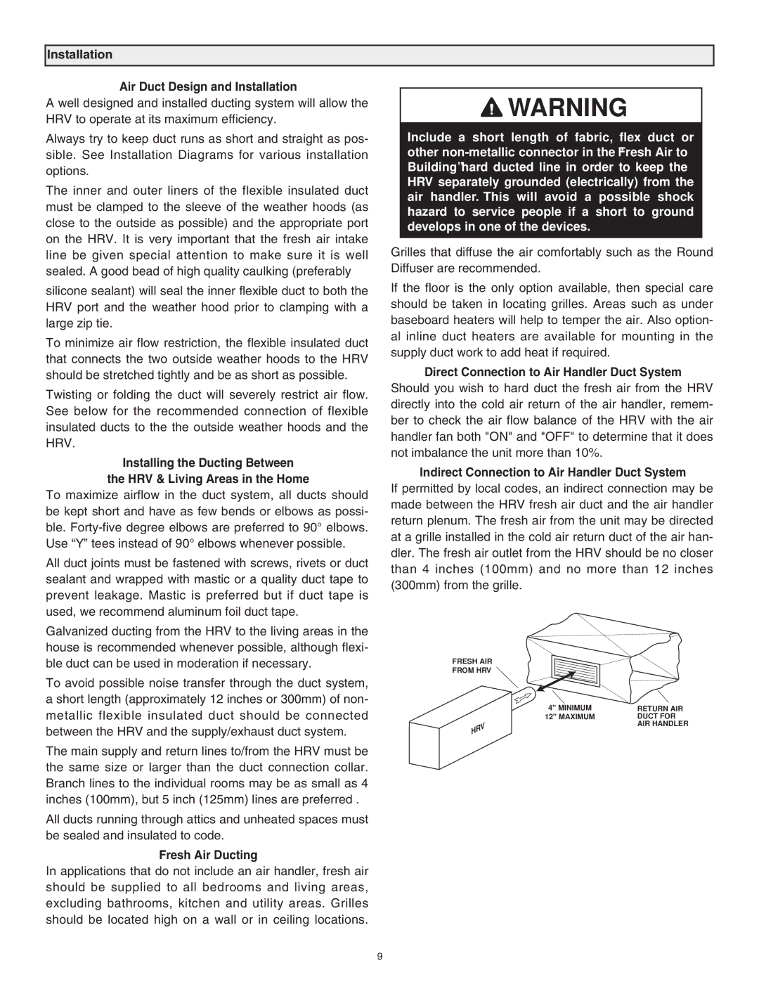 Lifebreath 120ERV, RNC120F installation manual Installation Air Duct Design and Installation, Fresh Air Ducting 