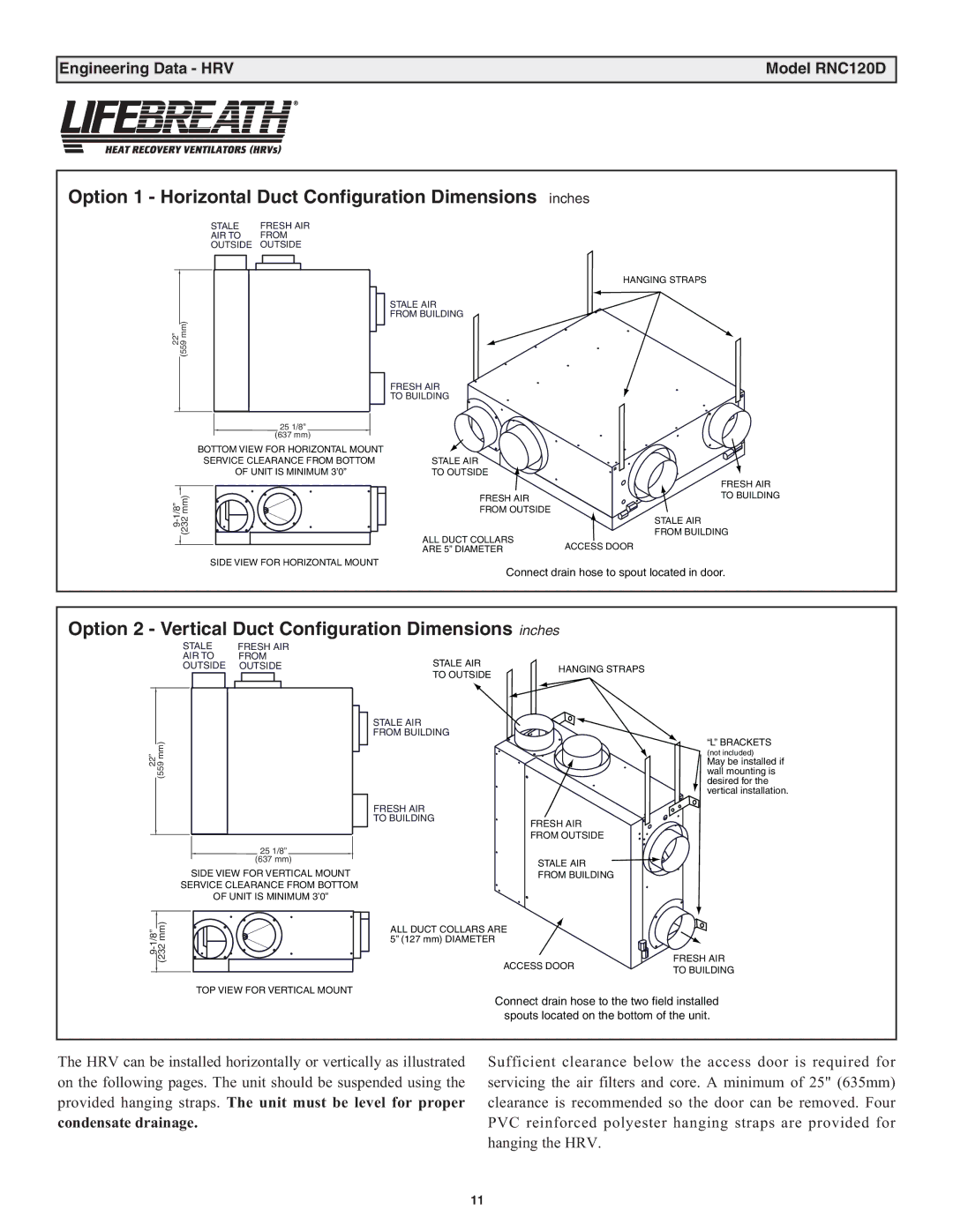 Lifebreath RNC95, RNC5-TPD, RNC200, RNC10, RNC120D, RNC155 manual Option 1 Horizontal Duct Configuration Dimensions inches 