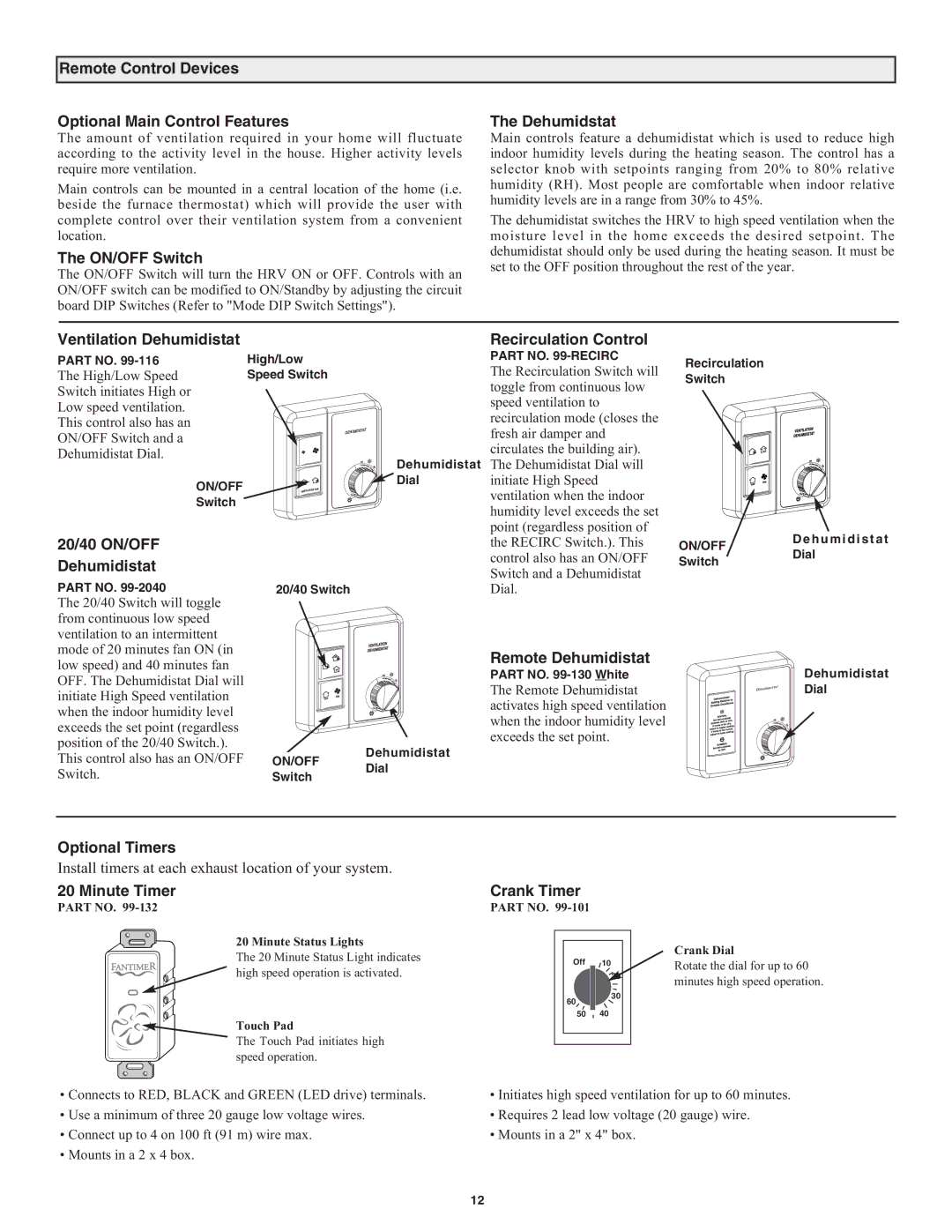 Lifebreath RNC20 Remote Control Devices Optional Main Control Features, ON/OFF Switch, Dehumidstat, Remote Dehumidistat 