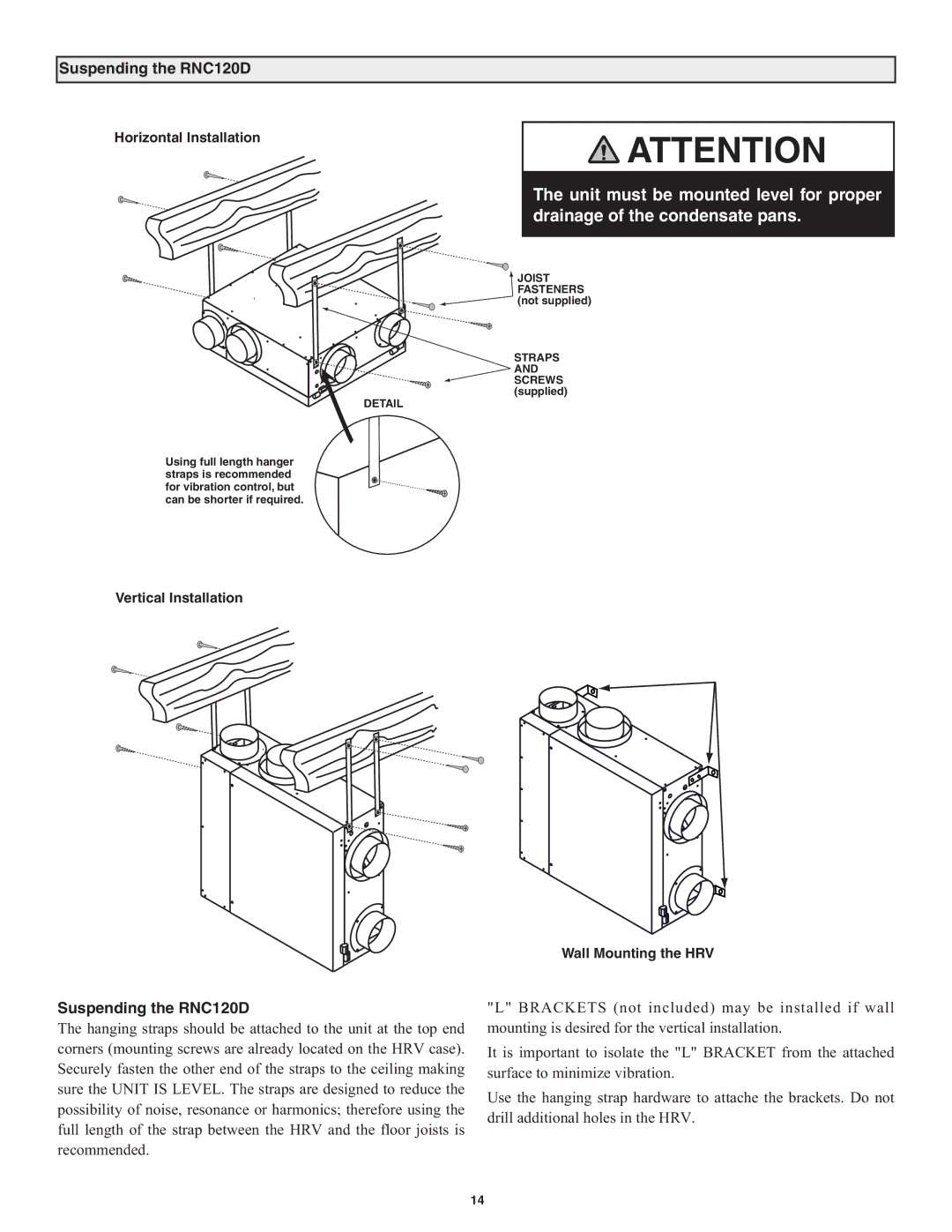 Lifebreath RNC5-TPD, RNC200, RNC10, RNC95, RNC155 manual Suspending the RNC120D, Horizontal Installation 