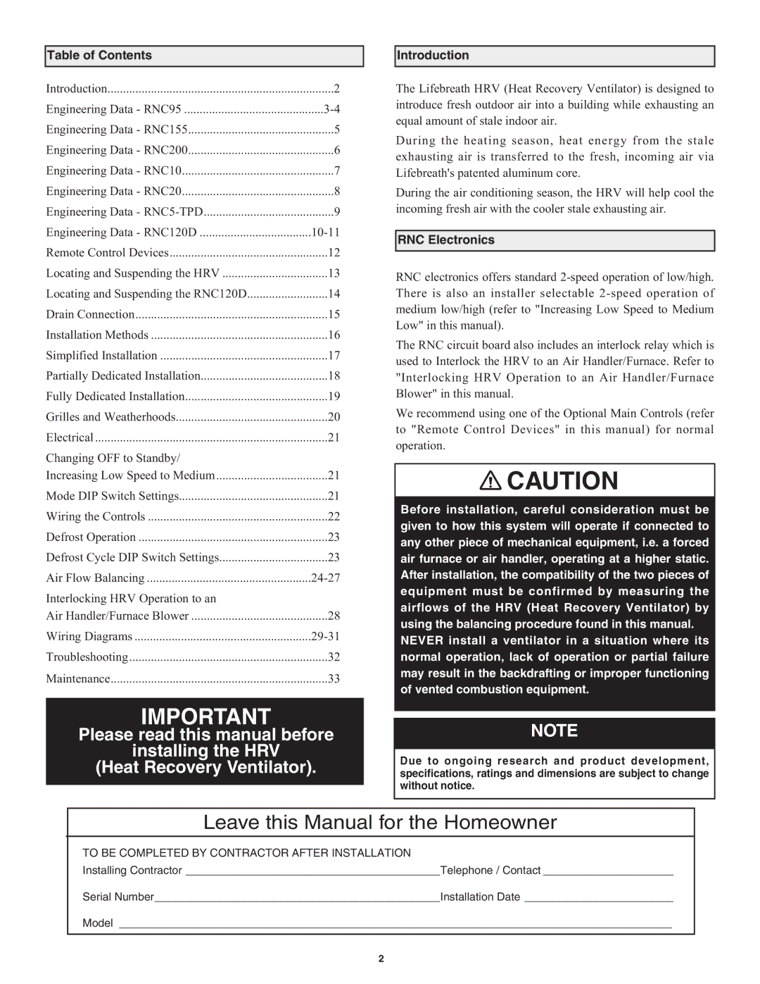 Lifebreath RNC10, RNC5-TPD, RNC200, RNC120D, RNC95, RNC155 manual Table of Contents, Introduction, RNC Electronics 