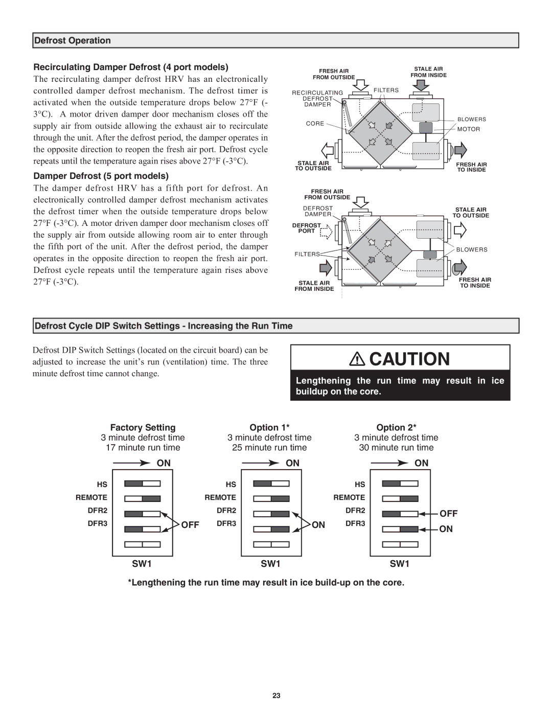 Lifebreath RNC10 Damper Defrost 5 port models, Defrost Cycle DIP Switch Settings Increasing the Run Time, OFF DFR3, Off 