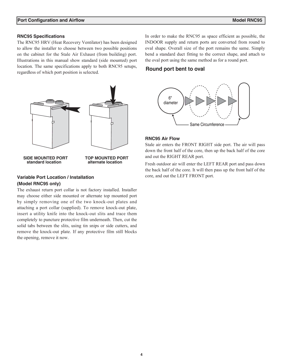 Lifebreath RNC5-TPD, RNC200, RNC10, RNC120D, RNC155 Variable Port Location / Installation Model RNC95 only, RNC95 Air Flow 