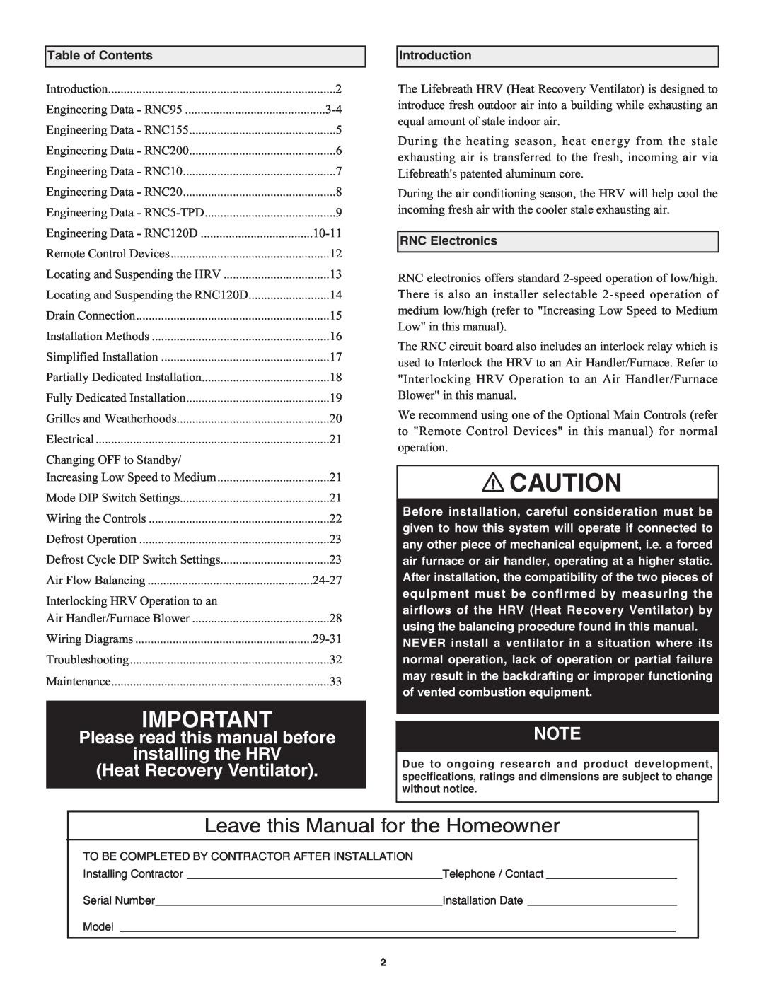 Lifebreath RNC10 Leave this Manual for the Homeowner, Please read this manual before installing the HRV, Table of Contents 
