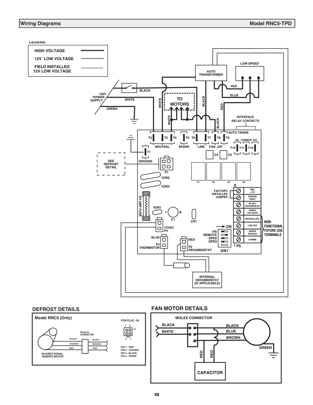 Lifebreath RNC200, RNC10, RNC120D, RNC95, RNC155 manual Wiring Diagrams, Model RNC5-TPD, Defrost Details, Plug In Connector 