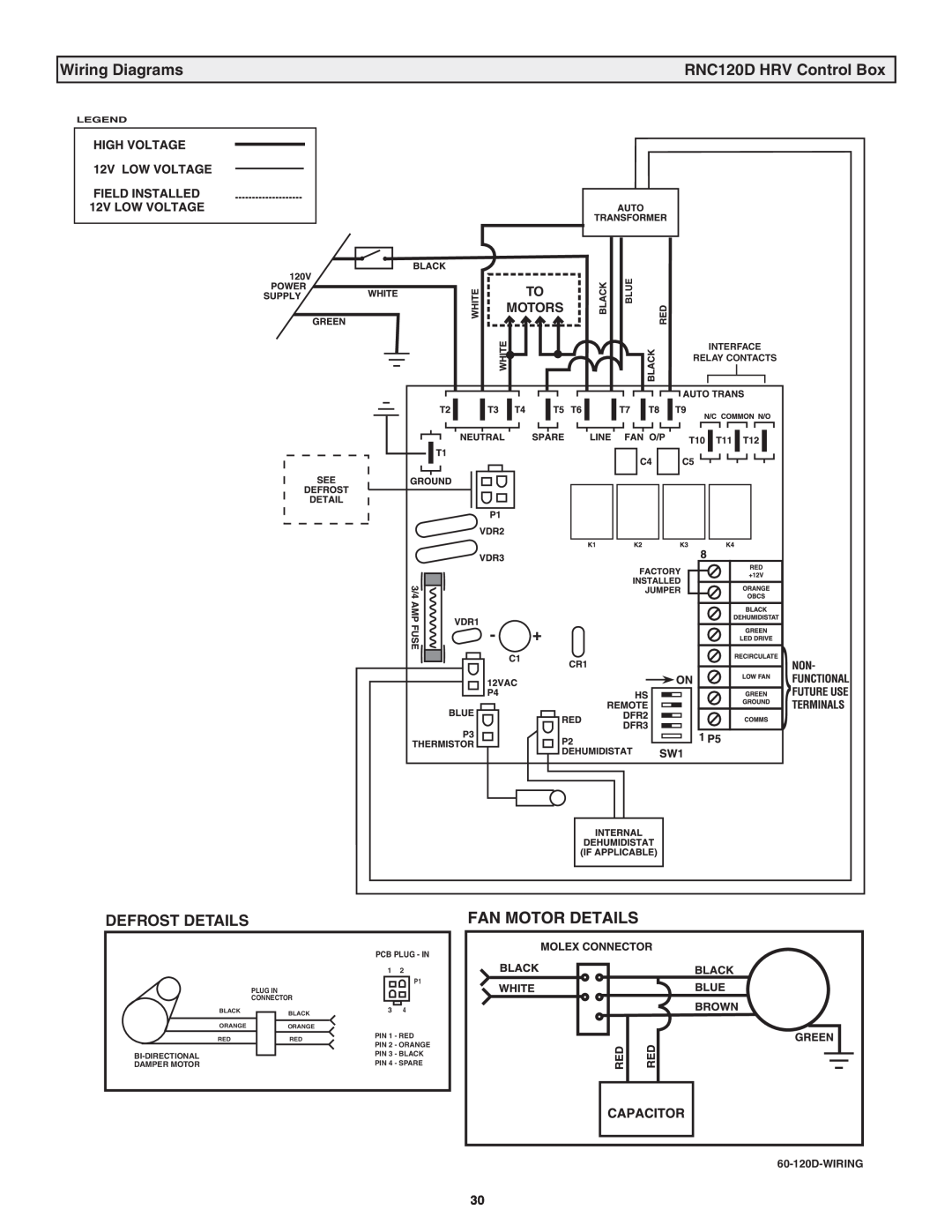 Lifebreath RNC10, RNC5-TPD, RNC200, RNC95 manual Wiring Diagrams, RNC120D HRV Control Box, Defrost Details, Plug In Connector 