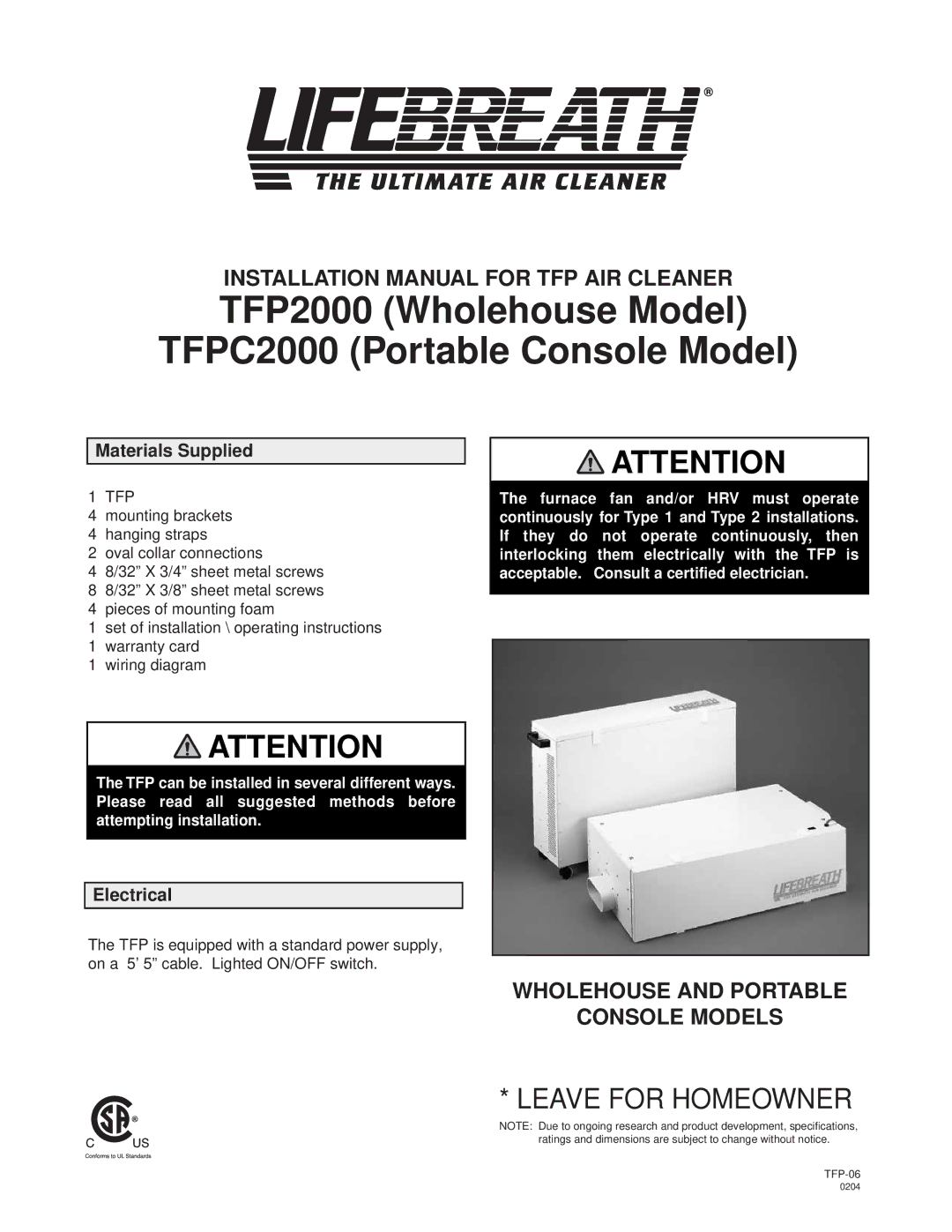 Lifebreath TFPC2000, TFP2000 installation manual Materials Supplied, Electrical 