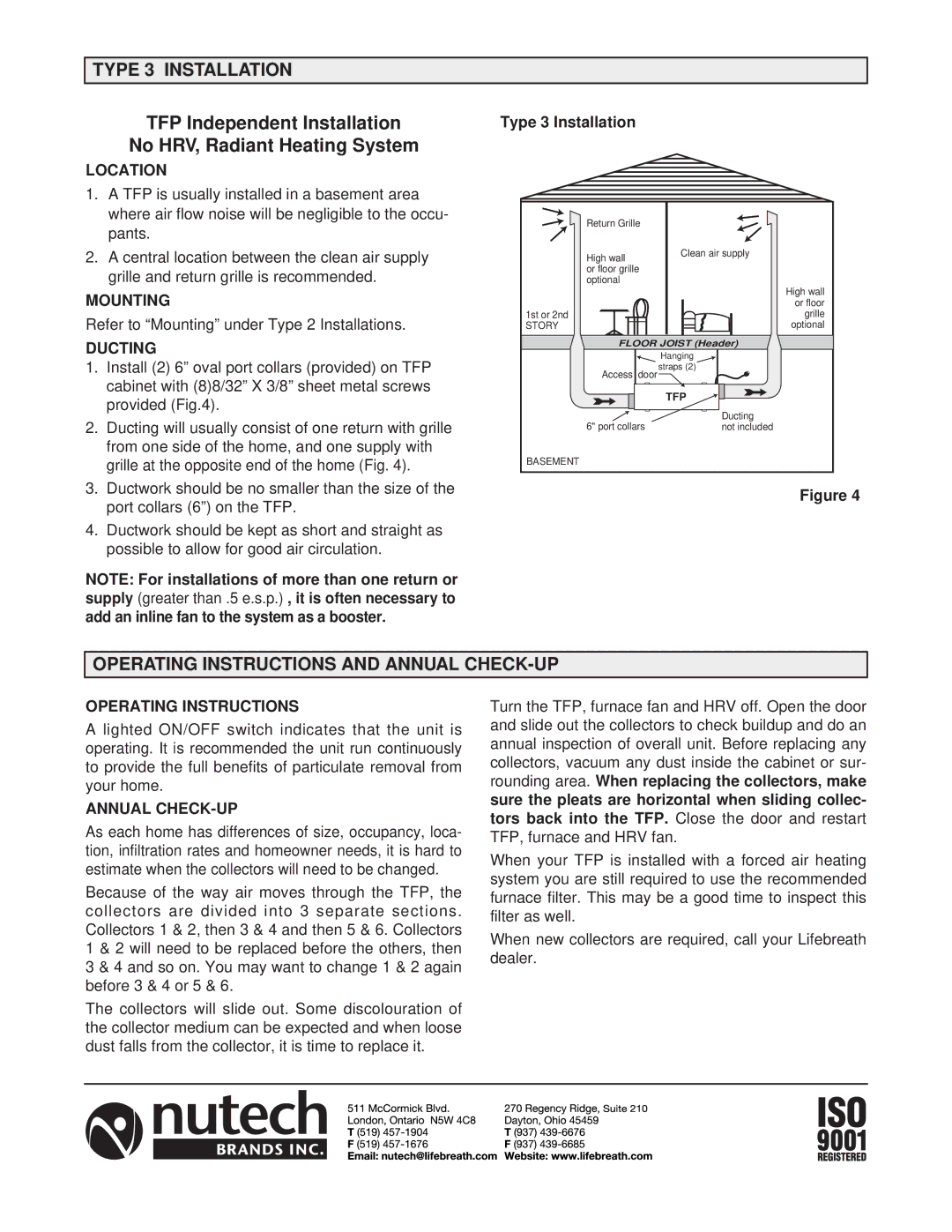 Lifebreath TFP2000 TFP Independent Installation No HRV, Radiant Heating System, Type 3 Installation, Annual CHECK-UP 