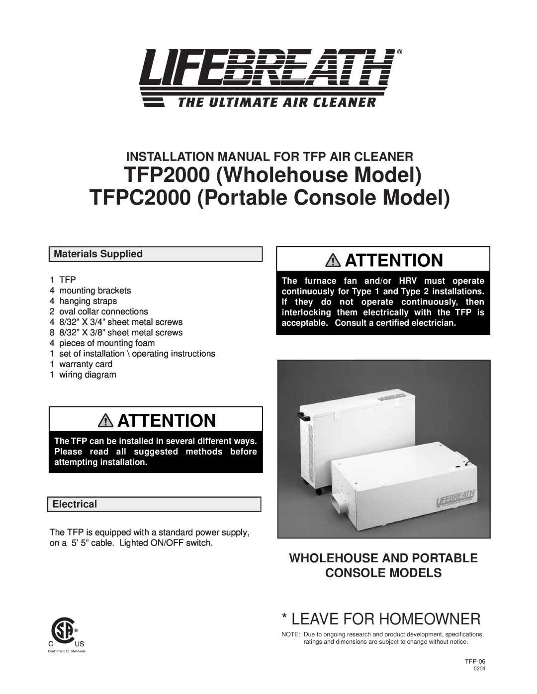 Lifebreath TFPC2000, TFP2000 installation manual Materials Supplied, Electrical, Leave For Homeowner 