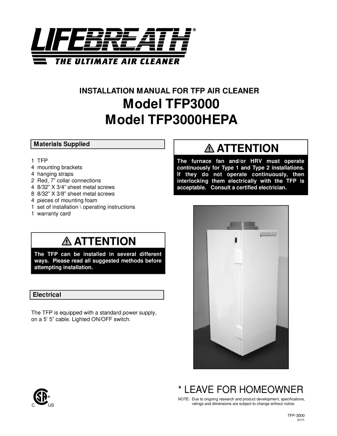 Lifebreath installation manual Model TFP3000 Model TFP3000HEPA, Tfp 