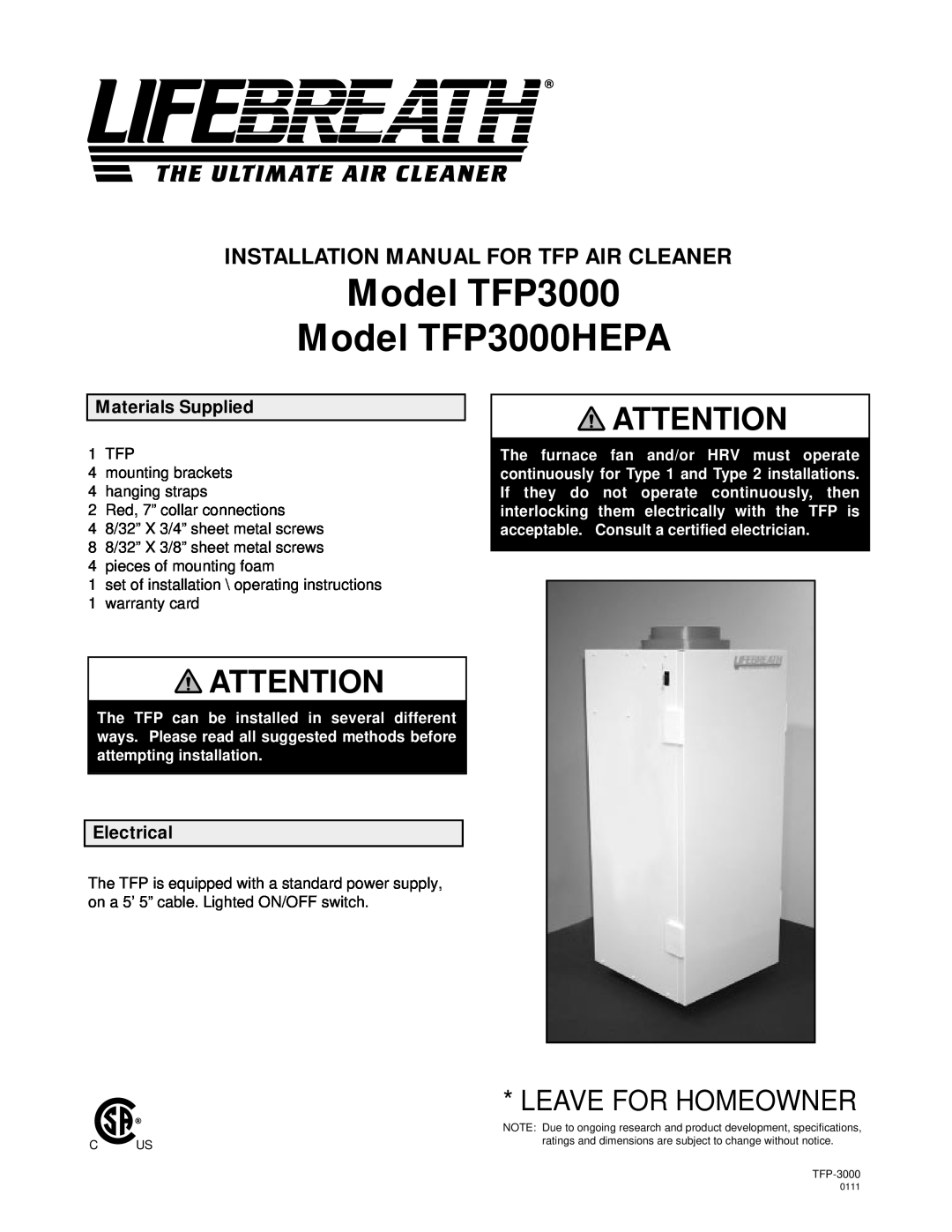 Lifebreath installation manual Materials Supplied, Electrical, Model TFP3000 Model TFP3000HEPA, Leave For Homeowner 