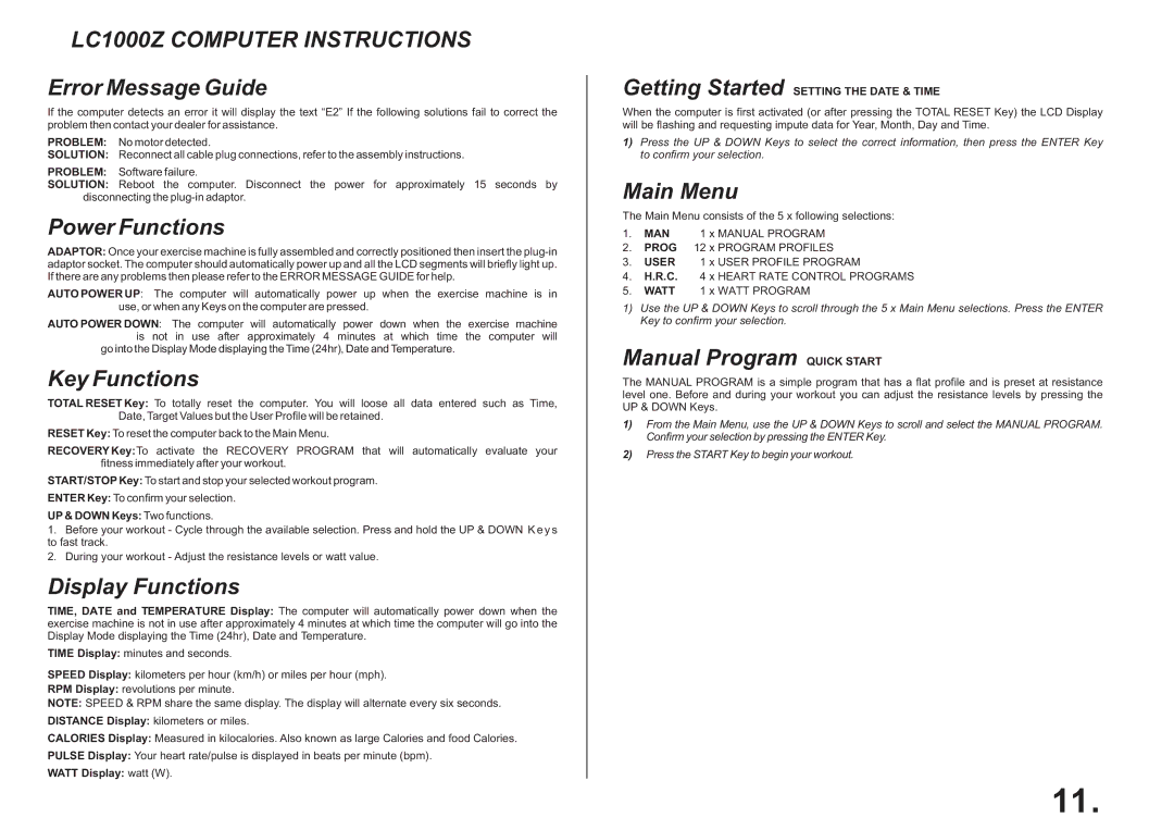 LifeCore Fitness manual LC1000Z Computer Instructions 