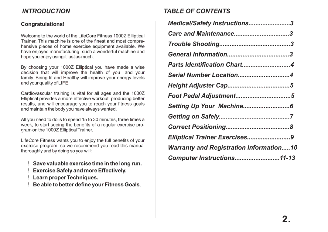 LifeCore Fitness 1000Z manual Introduction, Table of Contents 