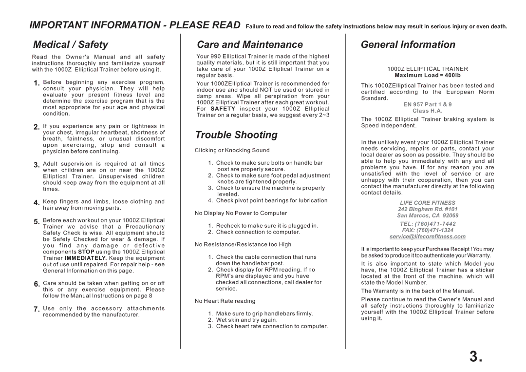 LifeCore Fitness 1000Z manual Medical / Safety, Care and Maintenance, Trouble Shooting, General Information 