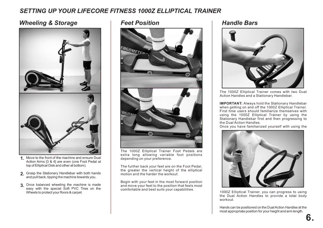 LifeCore Fitness 1000Z manual Wheeling & Storage, Feet Position, Handle Bars 