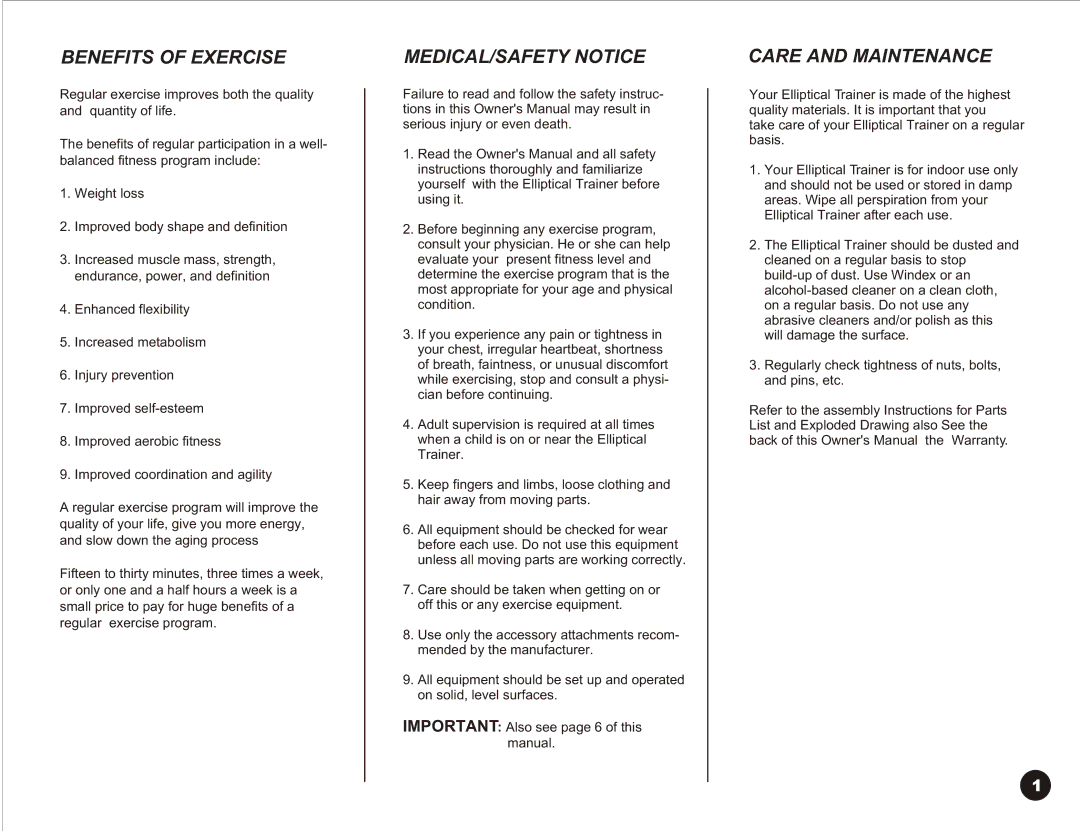 LifeCore Fitness LC-980 manual Benefits of Exercise, MEDICAL/SAFETY Notice, Care and Maintenance 