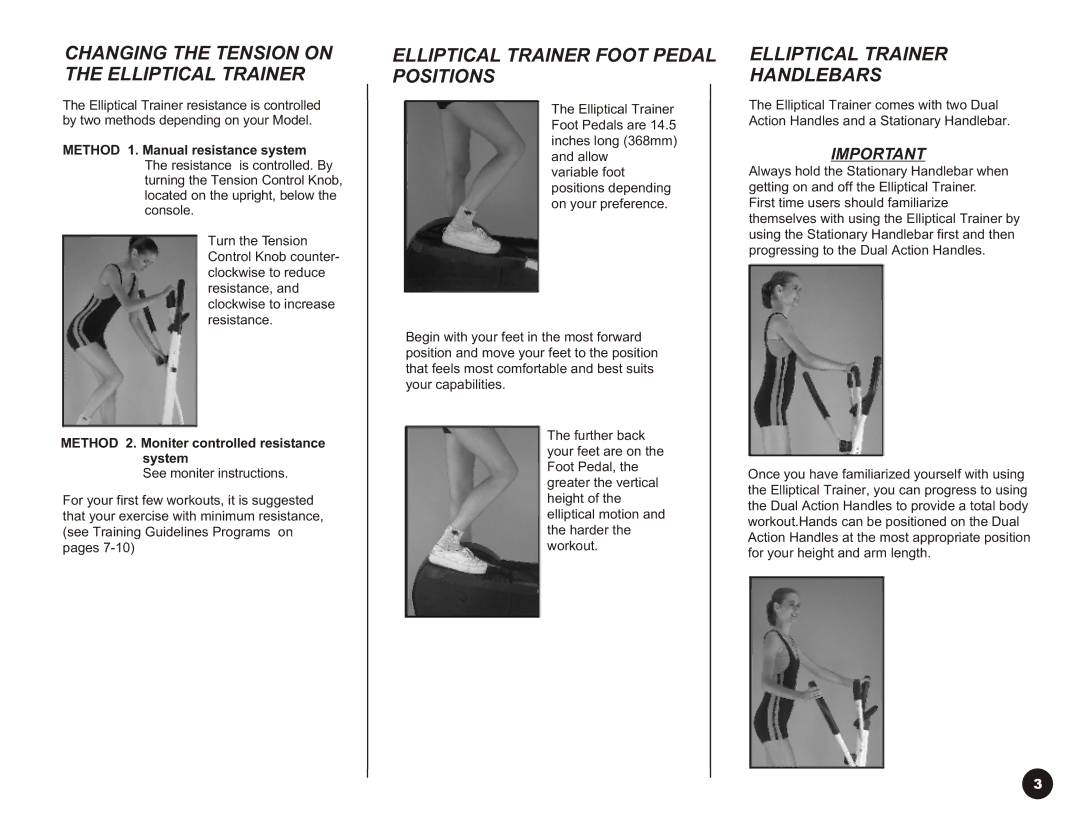 LifeCore Fitness LC-980 manual Elliptical Trainer Foot Pedal Positions, Elliptical Trainer Handlebars 