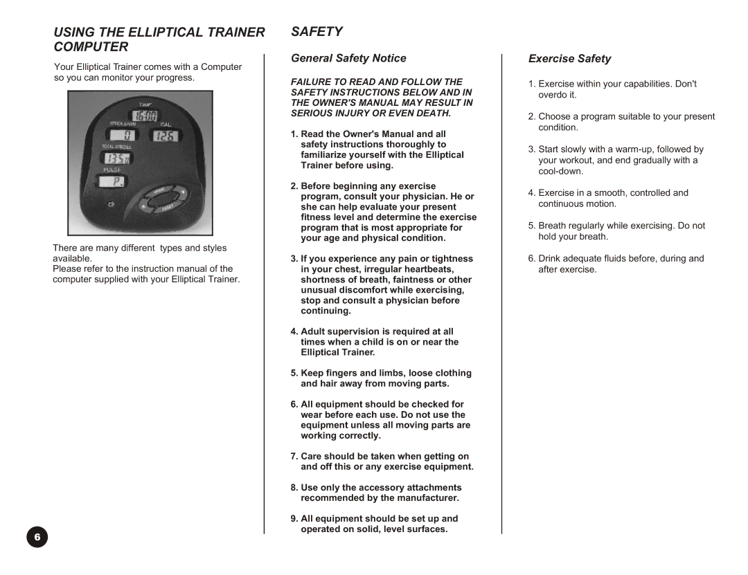 LifeCore Fitness LC-980 manual Using the Elliptical Trainer Computer, General Safety Notice, Exercise Safety 