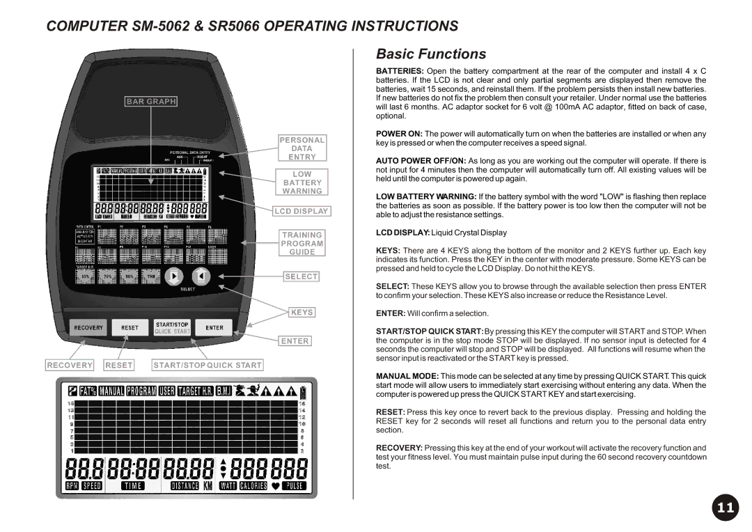 LifeCore Fitness LC-990 manual Computer SM-5062 & SR5066 Operating Instructions, Basic Functions 