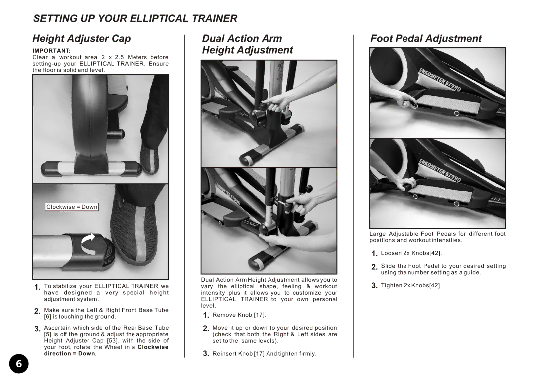 LifeCore Fitness LC-990 manual Setting UP Your Elliptical Trainer, Height Adjuster Cap, Dual Action Arm Height Adjustment 