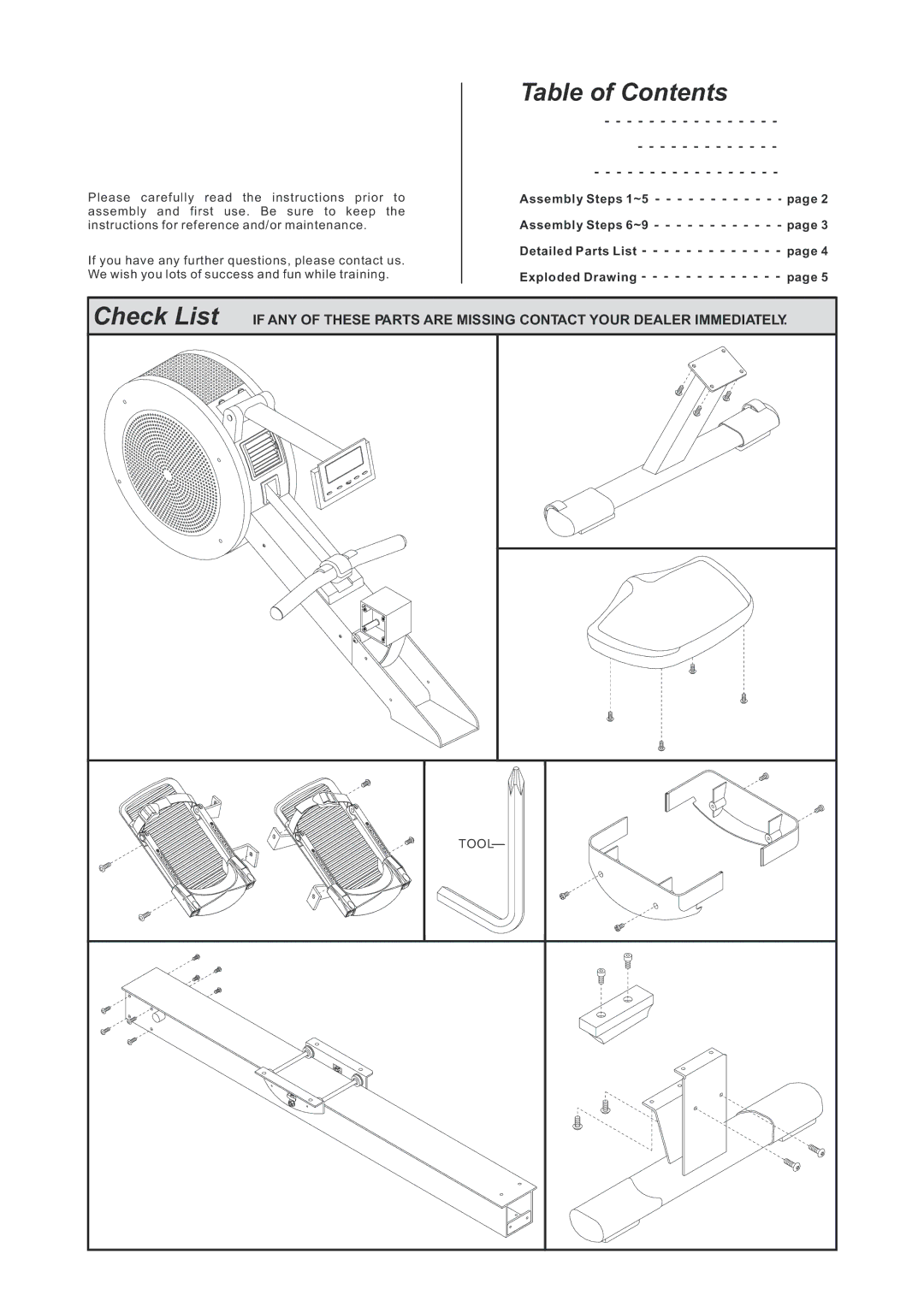 LifeCore Fitness LC-R100 manual Table of Contents, Check List 